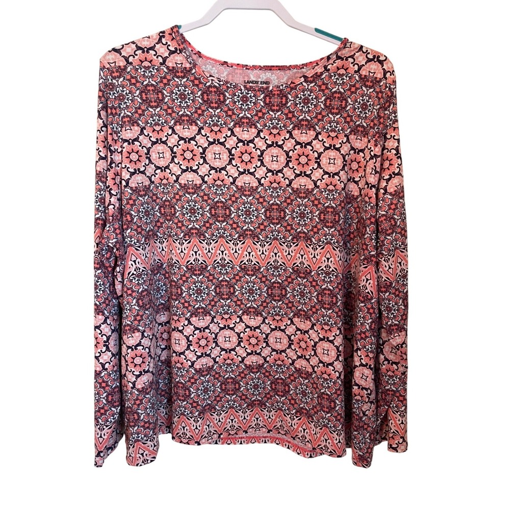 Lands End Womens 2X Coral Pink Navy Medallion Long Sleeve UPF 50 Rash Guard Top